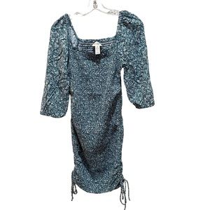 Jessica Simpson Floral Ditsy Print Smocked Rouched Bodycon Dress Green Medium